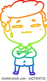 dibujo de una línea de gradiente de arco iris de un hombre ansioso de dibujos animados