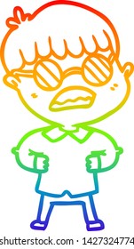 dibujo de una línea de gradiente de arco iris de un niño de caricatura que usa espectáculos