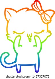 rainbow gradient line drawing of a cartoon cat with bow on head