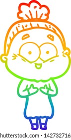 rainbow gradient line drawing of a cartoon happy old woman