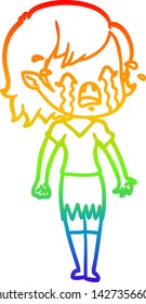 desenho de linha de gradiente arco-íris de uma garota vampira chorando desenho animado