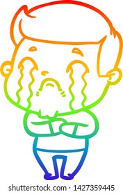 dibujo de una línea de gradiente de arco iris de un hombre de dibujos animados llorando