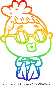 rainbow gradient line drawing of a cartoon sitting woman wearing spectacles
