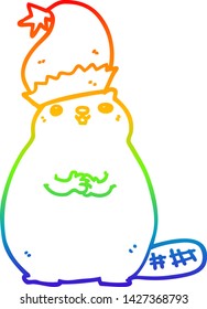 rainbow gradient line drawing of a cartoon christmas beaver