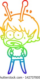 rainbow gradient line drawing of a cartoon shocked alien girl