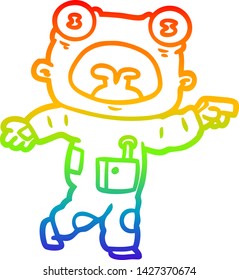 dibujo de una línea de gradiente de arco iris de una caricatura extraño alien comunicándose