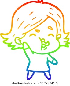 rainbow gradient line drawing of a cartoon girl pulling face