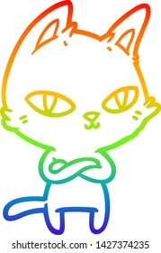 dibujo de una línea de gradiente de arco iris de un gato de dibujos animados mirando