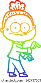 rainbow gradient line drawing of a cartoon happy old woman