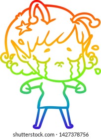 rainbow gradient line drawing of a cartoon crying alien girl