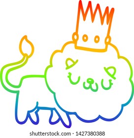 rainbow gradient line drawing of a cartoon lion with crown