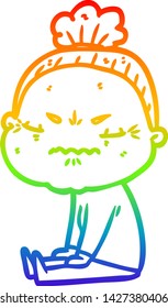 rainbow gradient line drawing of a cartoon annoyed old lady