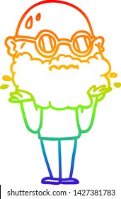 rainbow gradient line drawing of a cartoon worried man with beard and sunglasses