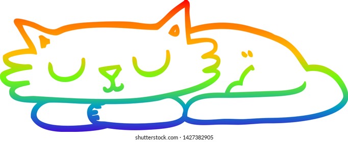 rainbow gradient line drawing of a cartoon sleeping cat