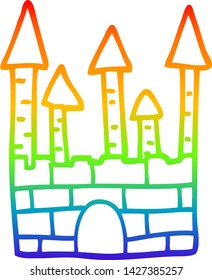 rainbow gradient line drawing of a cartoon traditional castle