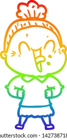 rainbow gradient line drawing of a cartoon happy old woman