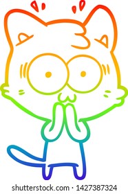 rainbow gradient line drawing of a cartoon surprised cat