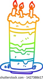 dibujo de línea de gradiente de arco iris de una tarta de cumpleaños de dibujos animados