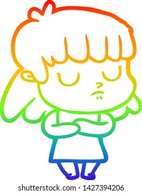 rainbow gradient line drawing of a cartoon indifferent woman