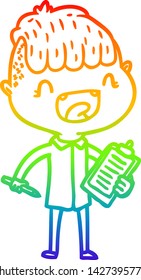 rainbow gradient line drawing of a cartoon happy boy with clip board laughing