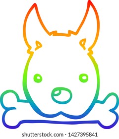 dibujo de línea de gradiente de arco iris de un perro de dibujos animados con hueso
