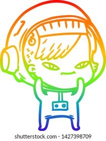 rainbow gradient line drawing of a cartoon astronaut woman