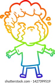 dibujo de una línea de gradiente de arco iris de un hombre de dibujos animados llorando