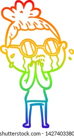 rainbow gradient line drawing of a cartoon crying woman wearing spectacles