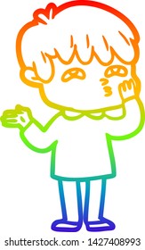 dibujo de una línea de gradiente de arco iris de un hombre de dibujos animados confundido