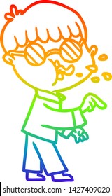 rainbow gradient line drawing of a cartoon boy wearing spectacles and making point