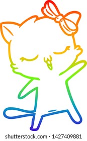 rainbow gradient line drawing of a cartoon cat with bow on head