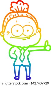 rainbow gradient line drawing of a cartoon happy old woman