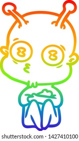 rainbow gradient line drawing of a cartoon weird bald spaceman