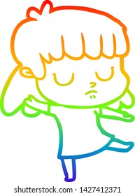 rainbow gradient line drawing of a cartoon indifferent woman dancing