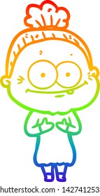 rainbow gradient line drawing of a cartoon happy old woman