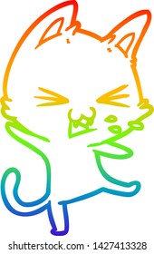 rainbow gradient line drawing of a cartoon cat throwing a tantrum