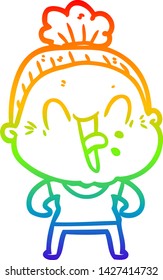 rainbow gradient line drawing of a cartoon happy old woman