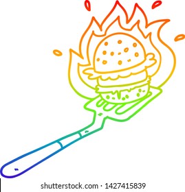 dibujo de la línea de gradiente de arco iris de una hamburguesa de llama de dibujos animados sobre la espátula
