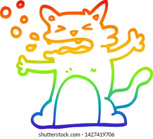 rainbow gradient line drawing of a cartoon hiccuping cat