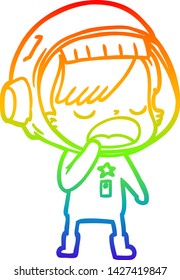 rainbow gradient line drawing of a cartoon astronaut woman yawning