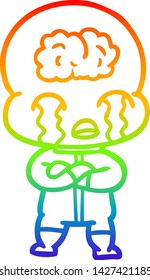 desenho de linha do gradiente do arco-íris de um desenho animado grande cérebro alienígena chorando