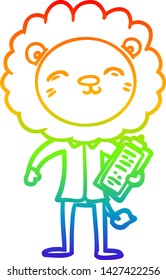 rainbow gradient line drawing of a cartoon lion in business clothes