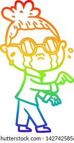 rainbow gradient line drawing of a cartoon crying woman wearing spectacles