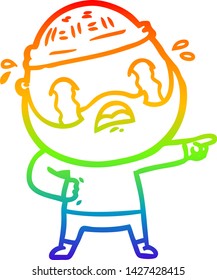 dibujo de una línea de degradado de arco iris de un hombre barbudo de dibujos animados llorando