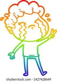 rainbow gradient line drawing of a cartoon man crying