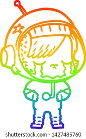 rainbow gradient line drawing of a cartoon crying astronaut girl