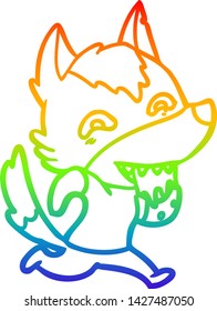 dibujo de una línea de degradado de arco iris de un lobo hambriento de dibujos animados