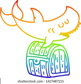 Regenbogen-Farbverlauf-Zeichnung eines Cartoon-Hais schwimmen über Schatztruhe