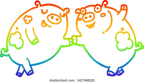 rainbow gradient line drawing of a cartoon pigs dancing