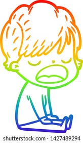 rainbow gradient line drawing of a cartoon woman talking